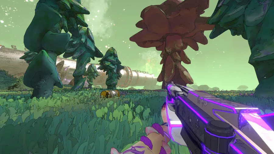 A first-person weapon points through a green fungal landscape in Mycopunk.