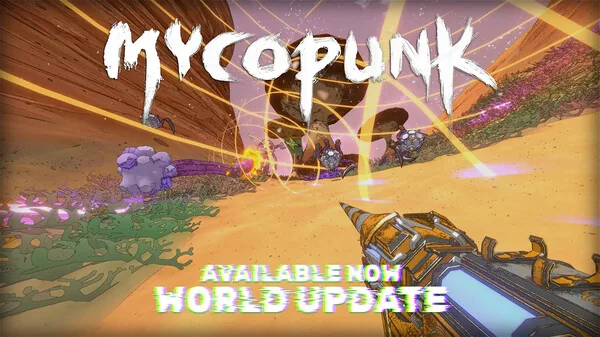Mycopunk World Update trailer artwork showing an alien landscape and mission combat.
